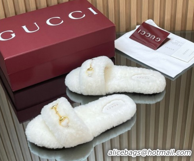 Popular Style Gucci Merino Wool Flat Slides Sandal with Horsebit 852385 White 2026