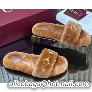 Pretty Style Gucci Merino Wool Flat Slides Sandal with Horsebit 852385 Brown 2026