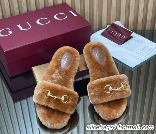 Pretty Style Gucci Merino Wool Flat Slides Sandal with Horsebit 852385 Brown 2026