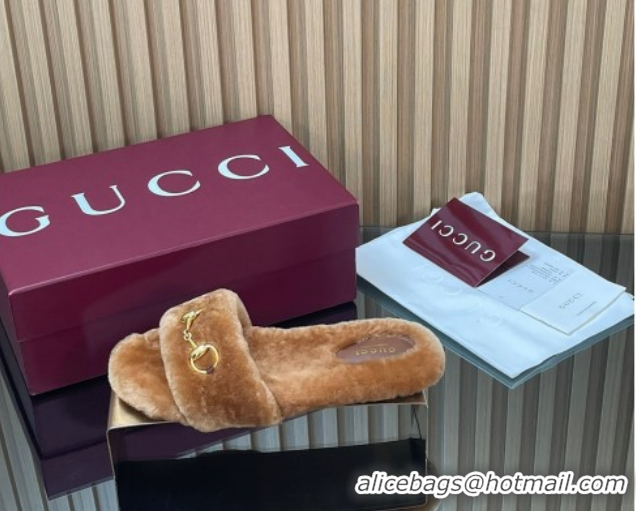 Pretty Style Gucci Merino Wool Flat Slides Sandal with Horsebit 852385 Brown 2026