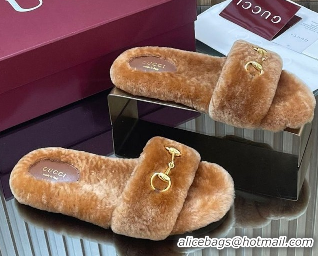 Pretty Style Gucci Merino Wool Flat Slides Sandal with Horsebit 852385 Brown 2026
