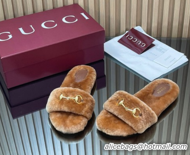 Pretty Style Gucci Merino Wool Flat Slides Sandal with Horsebit 852385 Brown 2026