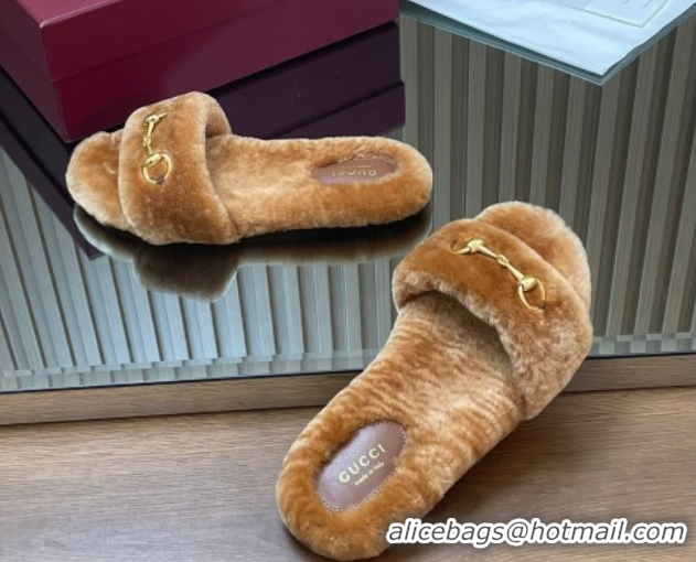 Pretty Style Gucci Merino Wool Flat Slides Sandal with Horsebit 852385 Brown 2026
