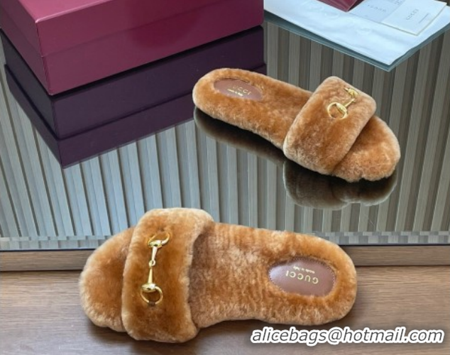 Pretty Style Gucci Merino Wool Flat Slides Sandal with Horsebit 852385 Brown 2026