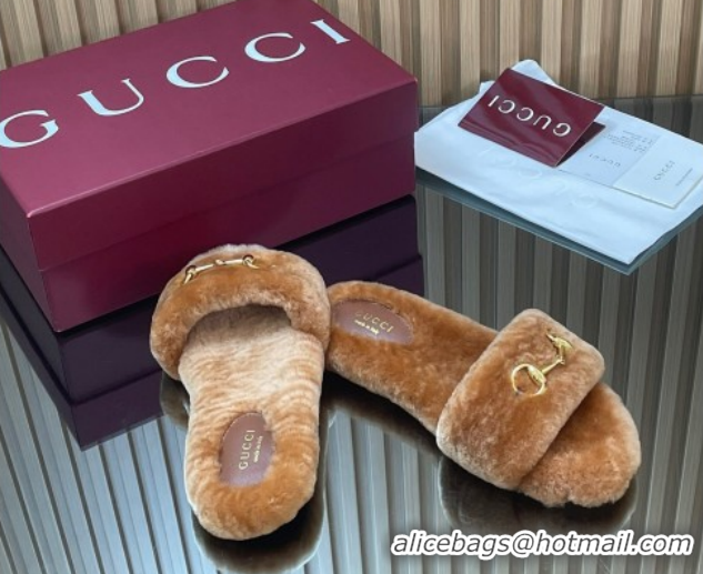 Pretty Style Gucci Merino Wool Flat Slides Sandal with Horsebit 852385 Brown 2026