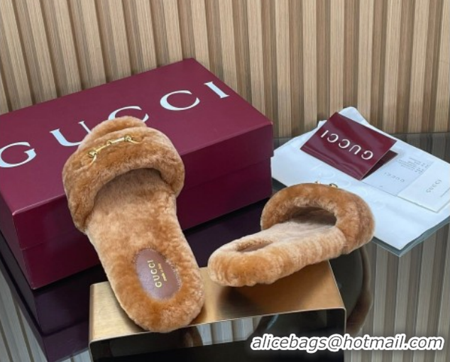 Pretty Style Gucci Merino Wool Flat Slides Sandal with Horsebit 852385 Brown 2026