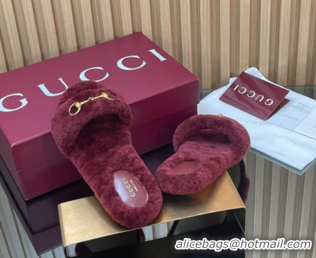 Classic Hot Gucci Merino Wool Flat Slides Sandal with Horsebit 852385 Dark Burgundy 2026