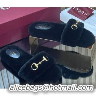 Luxurious Gucci Merino Wool Flat Slides Sandal with Horsebit 852385 Black 2026