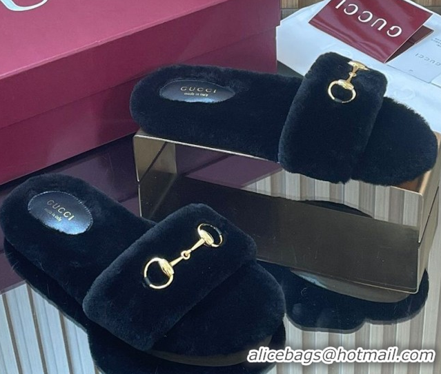 Luxurious Gucci Merino Wool Flat Slides Sandal with Horsebit 852385 Black 2026