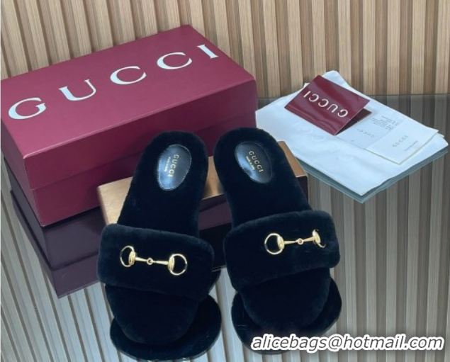 Luxurious Gucci Merino Wool Flat Slides Sandal with Horsebit 852385 Black 2026