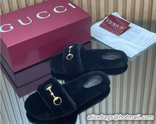 Luxurious Gucci Merino Wool Flat Slides Sandal with Horsebit 852385 Black 2026