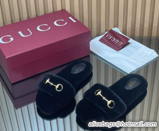 Luxurious Gucci Merino Wool Flat Slides Sandal with Horsebit 852385 Black 2026