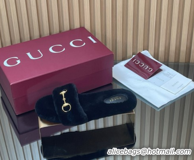 Luxurious Gucci Merino Wool Flat Slides Sandal with Horsebit 852385 Black 2026