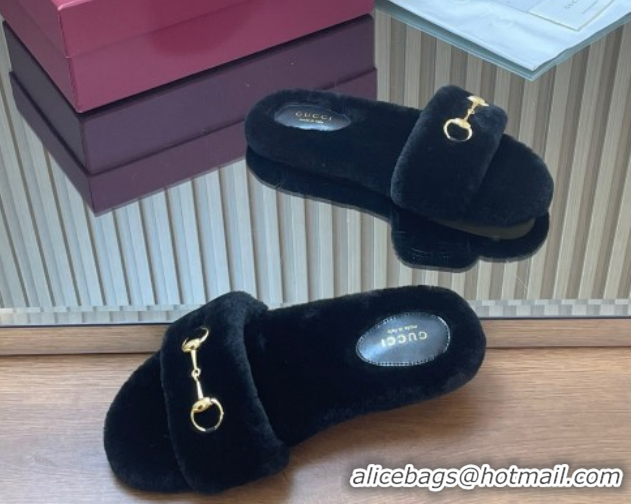 Luxurious Gucci Merino Wool Flat Slides Sandal with Horsebit 852385 Black 2026