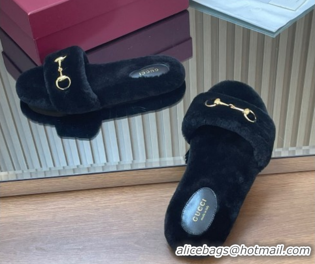 Luxurious Gucci Merino Wool Flat Slides Sandal with Horsebit 852385 Black 2026