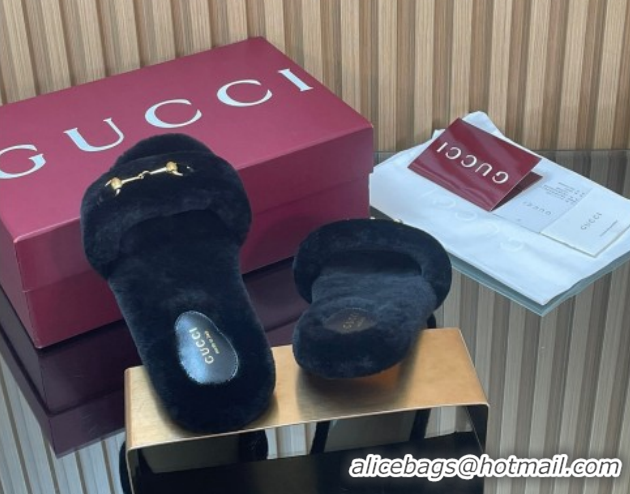Luxurious Gucci Merino Wool Flat Slides Sandal with Horsebit 852385 Black 2026