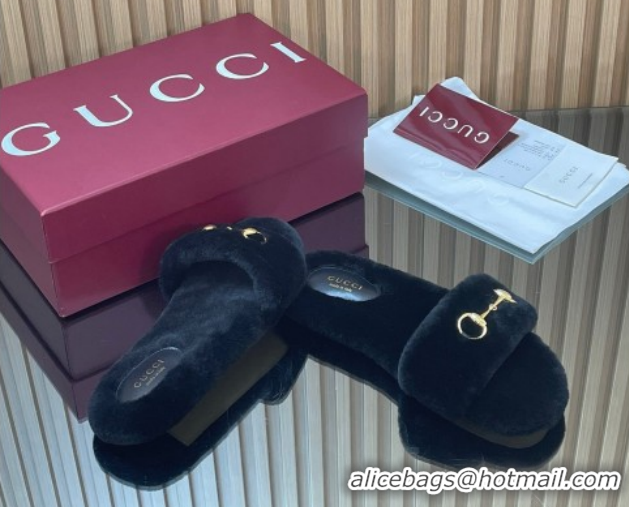 Luxurious Gucci Merino Wool Flat Slides Sandal with Horsebit 852385 Black 2026