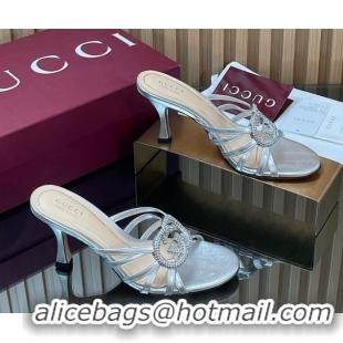 Grade Quality Gucci Leather Heel Slides Sandal 8.5cm with Strass Interlocking G 852663 Silver 2026