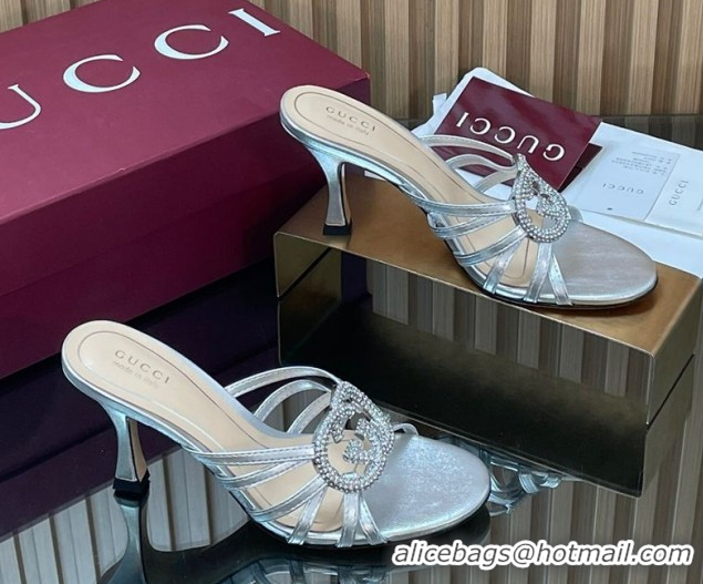 Grade Quality Gucci Leather Heel Slides Sandal 8.5cm with Strass Interlocking G 852663 Silver 2026