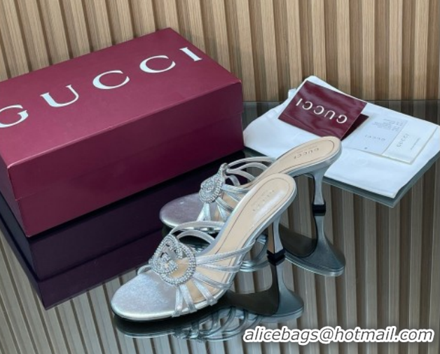 Grade Quality Gucci Leather Heel Slides Sandal 8.5cm with Strass Interlocking G 852663 Silver 2026