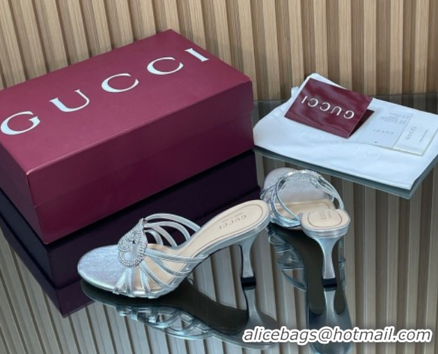 Grade Quality Gucci Leather Heel Slides Sandal 8.5cm with Strass Interlocking G 852663 Silver 2026