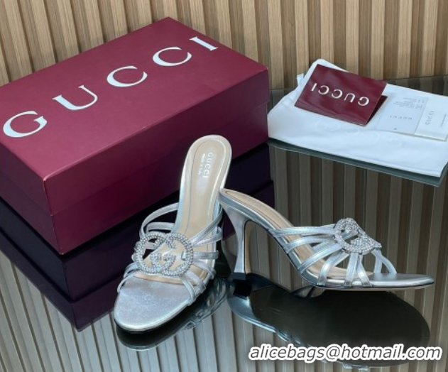 Grade Quality Gucci Leather Heel Slides Sandal 8.5cm with Strass Interlocking G 852663 Silver 2026
