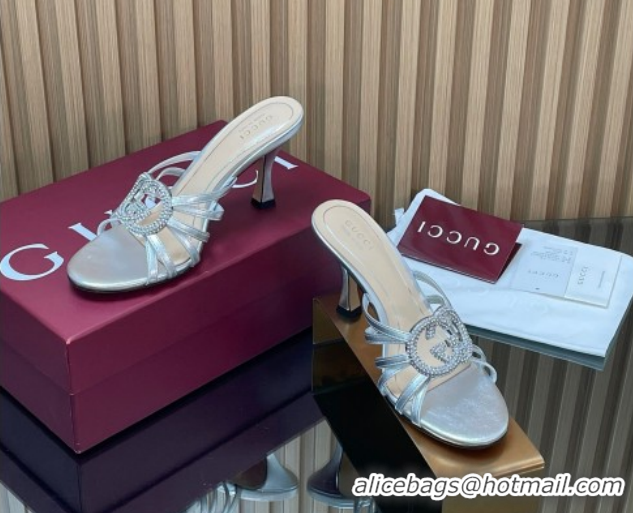 Grade Quality Gucci Leather Heel Slides Sandal 8.5cm with Strass Interlocking G 852663 Silver 2026