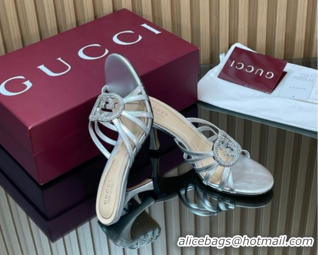 Grade Quality Gucci Leather Heel Slides Sandal 8.5cm with Strass Interlocking G 852663 Silver 2026