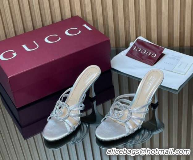 Grade Quality Gucci Leather Heel Slides Sandal 8.5cm with Strass Interlocking G 852663 Silver 2026