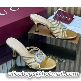 Good Looking Gucci Leather Heel Slides Sandal 8.5cm with Strass Interlocking G 852663 Gold 2026