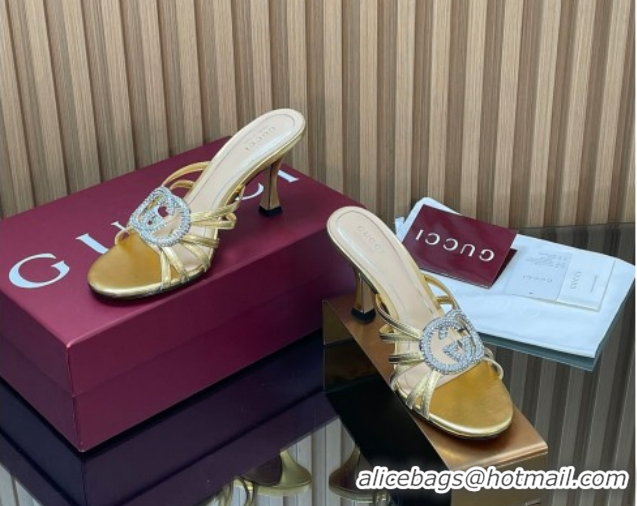 Good Looking Gucci Leather Heel Slides Sandal 8.5cm with Strass Interlocking G 852663 Gold 2026