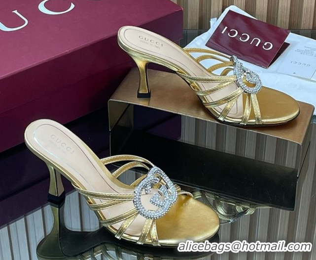 Good Looking Gucci Leather Heel Slides Sandal 8.5cm with Strass Interlocking G 852663 Gold 2026