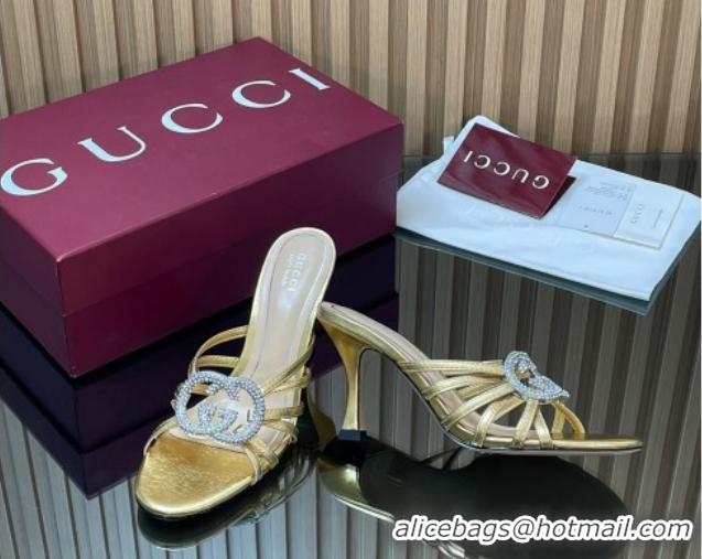 Good Looking Gucci Leather Heel Slides Sandal 8.5cm with Strass Interlocking G 852663 Gold 2026
