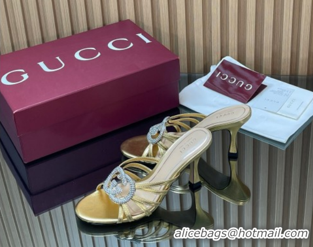 Good Looking Gucci Leather Heel Slides Sandal 8.5cm with Strass Interlocking G 852663 Gold 2026