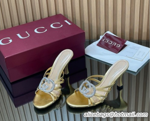 Good Looking Gucci Leather Heel Slides Sandal 8.5cm with Strass Interlocking G 852663 Gold 2026