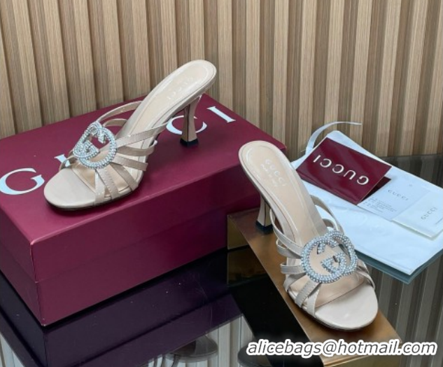 Best Product Gucci Patent Leather Heel Slides Sandal 8.5cm with Strass Interlocking G 852663 Nude 2026