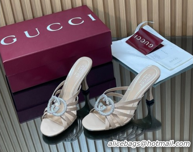 Best Product Gucci Patent Leather Heel Slides Sandal 8.5cm with Strass Interlocking G 852663 Nude 2026