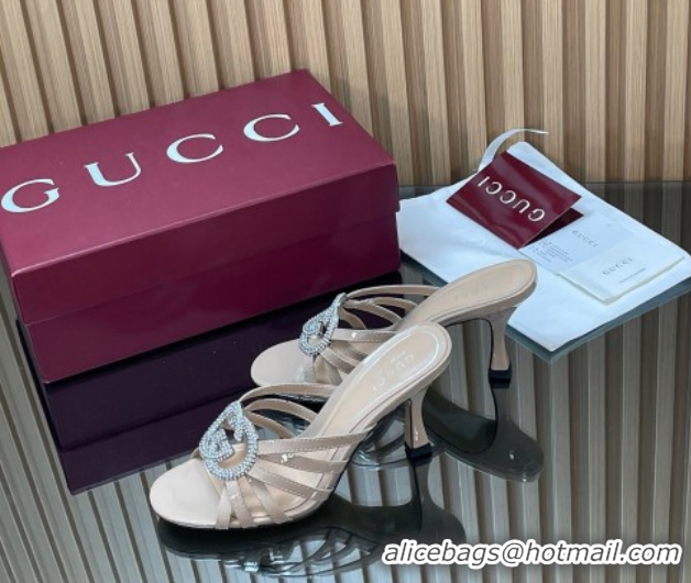 Best Product Gucci Patent Leather Heel Slides Sandal 8.5cm with Strass Interlocking G 852663 Nude 2026