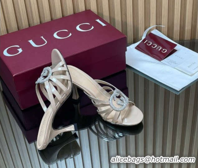 Best Product Gucci Patent Leather Heel Slides Sandal 8.5cm with Strass Interlocking G 852663 Nude 2026