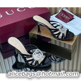 Big Discount Gucci Patent Leather Heel Slides Sandal 8.5cm with Strass Interlocking G 852663 Black 2026