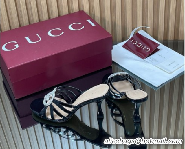 Big Discount Gucci Patent Leather Heel Slides Sandal 8.5cm with Strass Interlocking G 852663 Black 2026