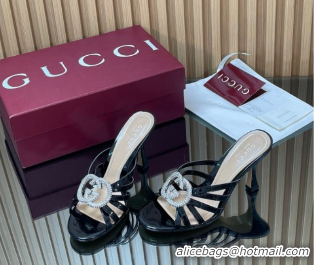 Big Discount Gucci Patent Leather Heel Slides Sandal 8.5cm with Strass Interlocking G 852663 Black 2026