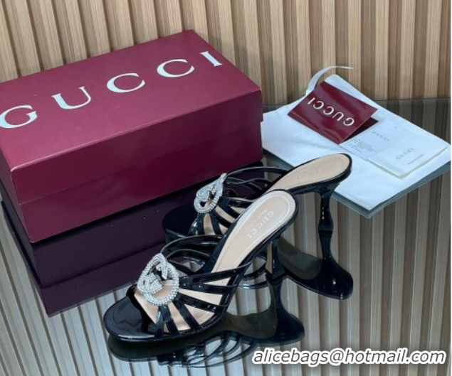 Big Discount Gucci Patent Leather Heel Slides Sandal 8.5cm with Strass Interlocking G 852663 Black 2026