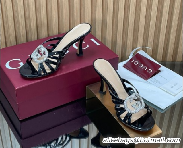 Big Discount Gucci Patent Leather Heel Slides Sandal 8.5cm with Strass Interlocking G 852663 Black 2026