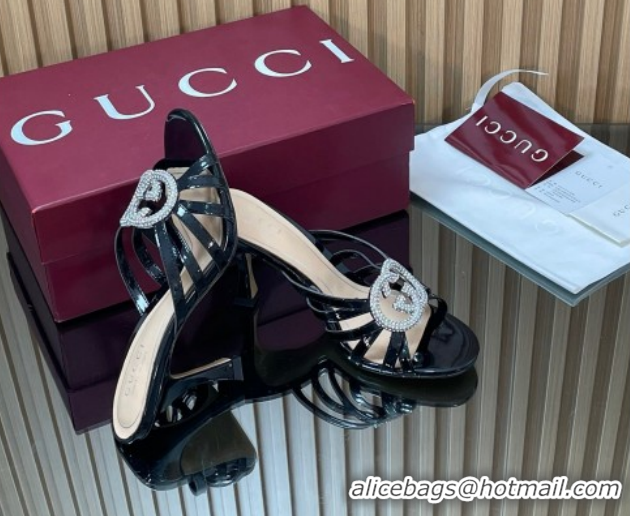 Big Discount Gucci Patent Leather Heel Slides Sandal 8.5cm with Strass Interlocking G 852663 Black 2026