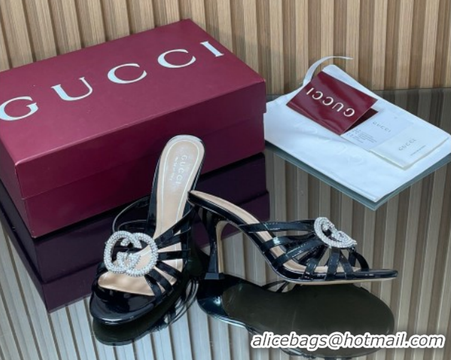 Big Discount Gucci Patent Leather Heel Slides Sandal 8.5cm with Strass Interlocking G 852663 Black 2026