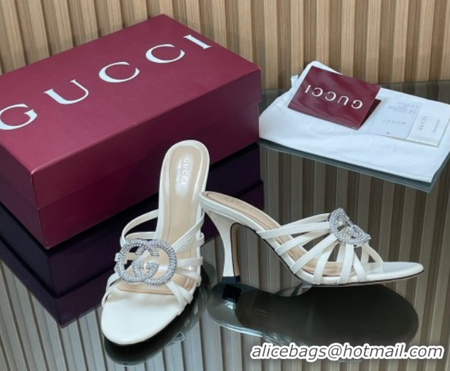 Purchase Gucci Patent Leather Heel Slides Sandal 8.5cm with Strass Interlocking G 852663 White 2026