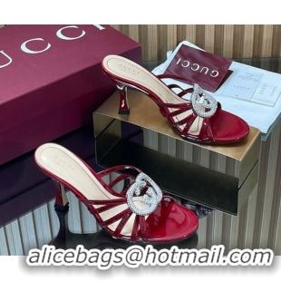Best Price Gucci Patent Leather Heel Slides Sandal 8.5cm with Strass Interlocking G 852663 Red 2026