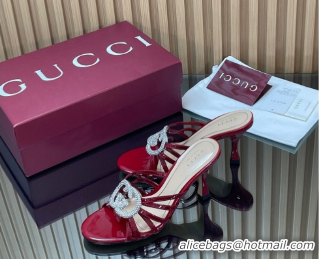 Best Price Gucci Patent Leather Heel Slides Sandal 8.5cm with Strass Interlocking G 852663 Red 2026