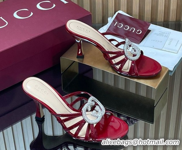 Best Price Gucci Patent Leather Heel Slides Sandal 8.5cm with Strass Interlocking G 852663 Red 2026